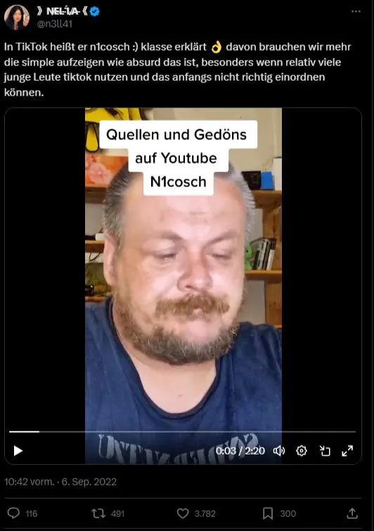 Die Hackerin N3ll41 auf Twitter am 6. September 2022: "In TikTok heißt er n1cosch :) klasse erklärt 👌 davon brauchen wir mehr die simple aufzeigen wie absurd das ist, besonders wenn relativ viele junge Leute tiktok nutzen und das anfangs nicht richtig einordnen können. " Verlinkt ist ein Video mit Nicosch.