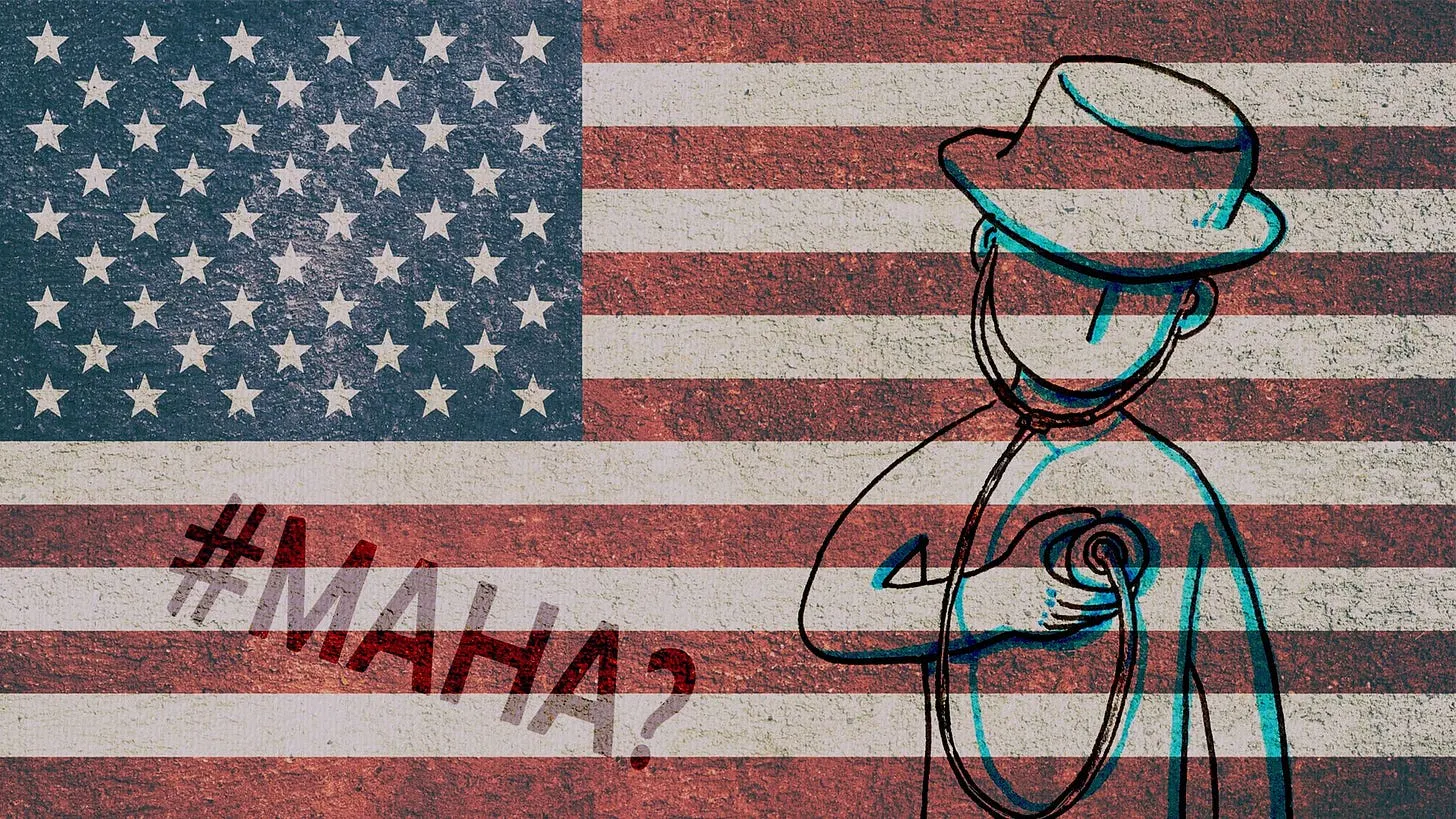 American flag. In front stands a comic figure with a hat and a stethoscope listening to its own heart. The text #maha is written across the flag on the bottom left.
