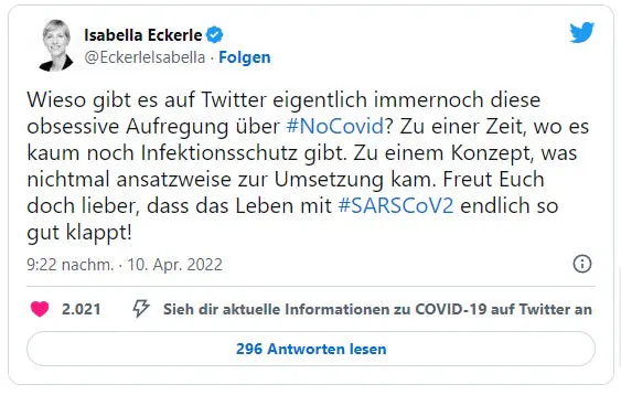 Isabella Eckerle am 10. April 2022 auf X: "Wieso gibt es auf Twitter eigentlich immernoch diese obsessive Aufregung über #NoCovid? Zu einer Zeit, wo es kaum noch Infektionsschutz gibt. Zu einem Konzept, was nichtmal ansatzweise zur Umsetzung kam. Freut Euch doch lieber, dass das Leben mit #SARSCoV2 endlich so gut klappt!"
