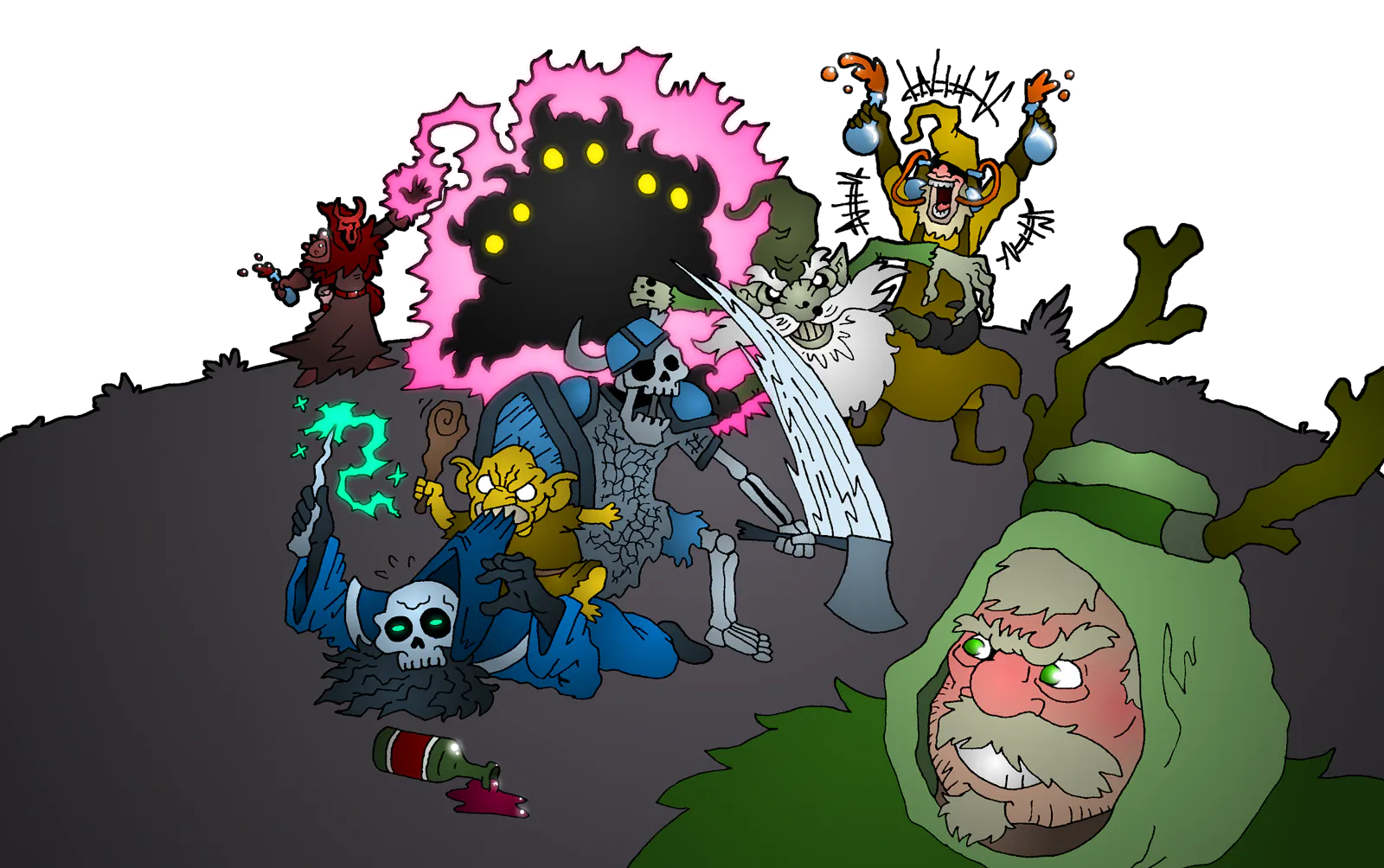 Drunken Warlocks evoking monsters to fight for them.