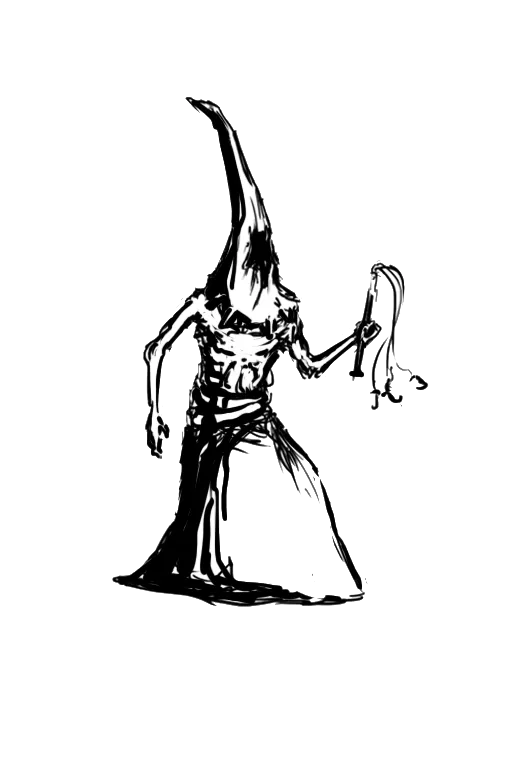 A lineart of a cultist barechested with a hood on his head and a whip
