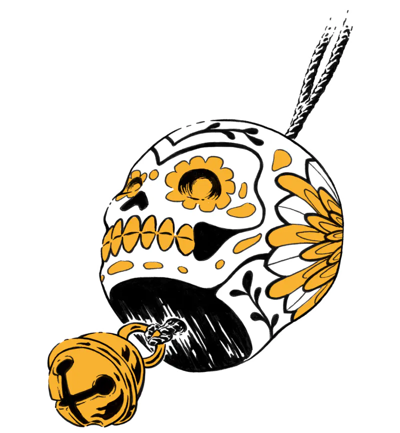 An illustrated decorative skull resembling a calavera (Day of the Dead sugar skull), adorned with gold and black floral patterns.