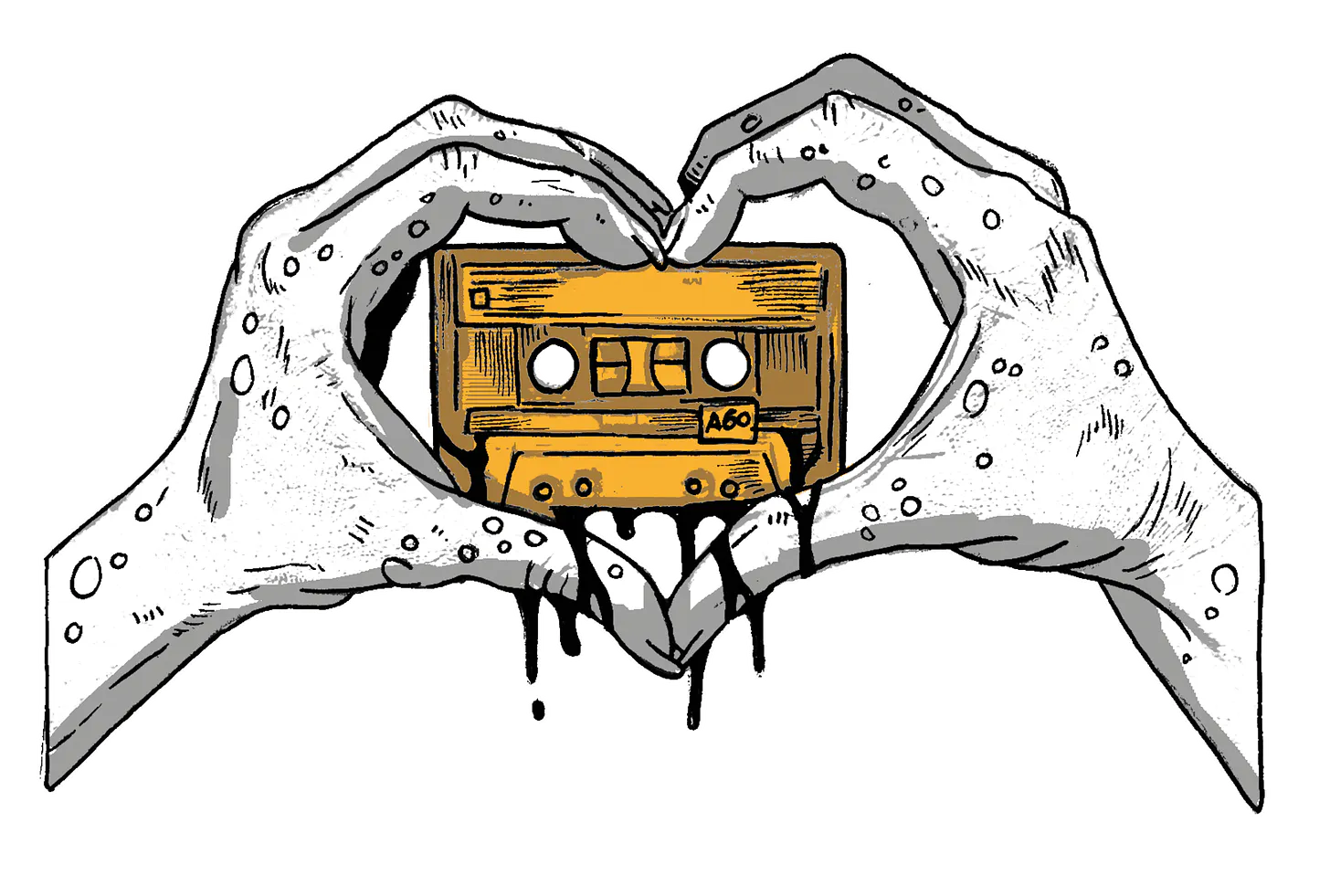 A drawing of two ghostly hands holding a music cassette to form a heart while dripping blood.