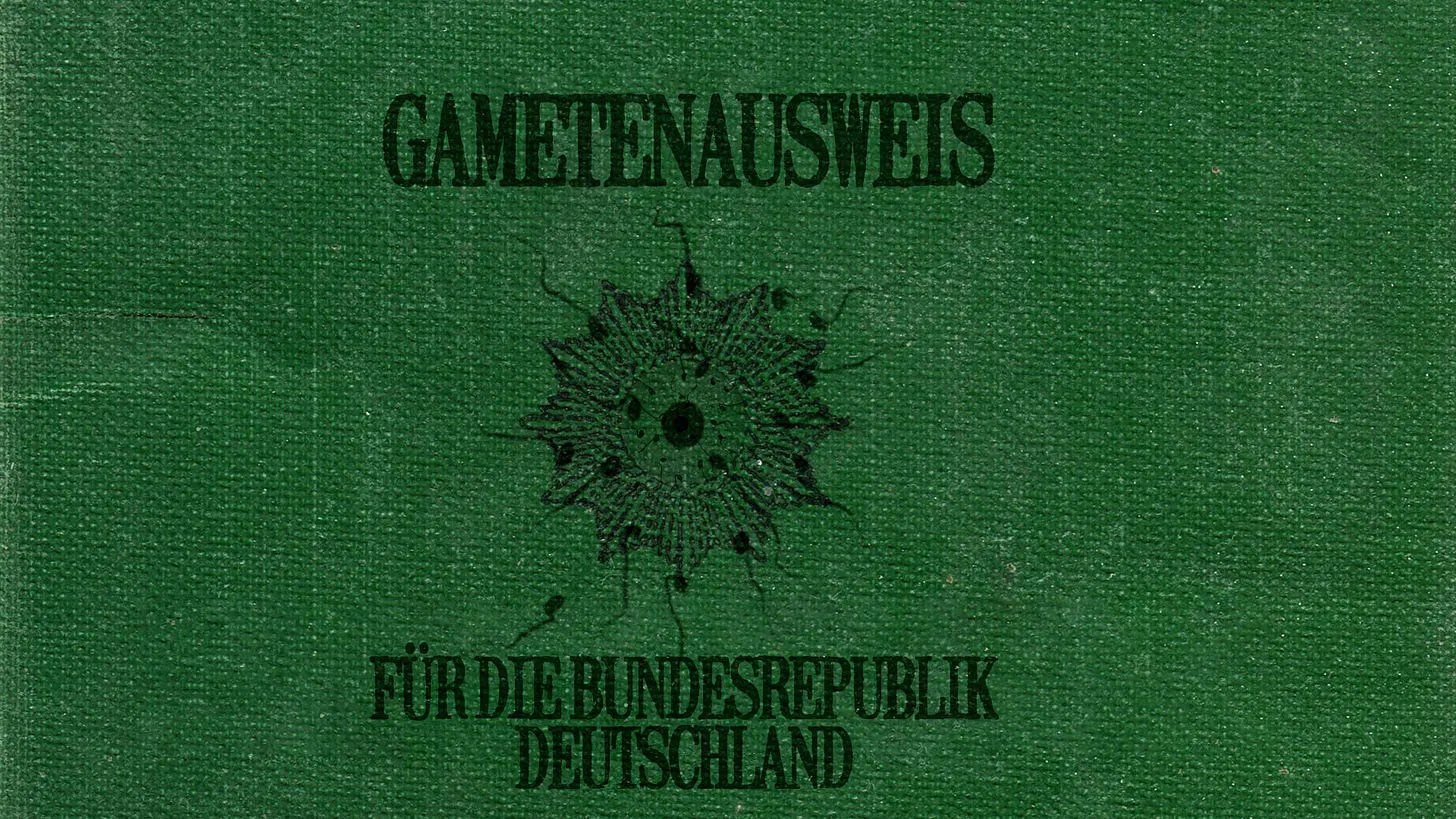 Text: Gametenausweis für die Bundesrepublik Deutschland. Grüner Ledereinband. In der Mitte eine Eizelle, die von Spermien umzingelt wird. Der Ausweis sieht alt und abgenutzt aus.