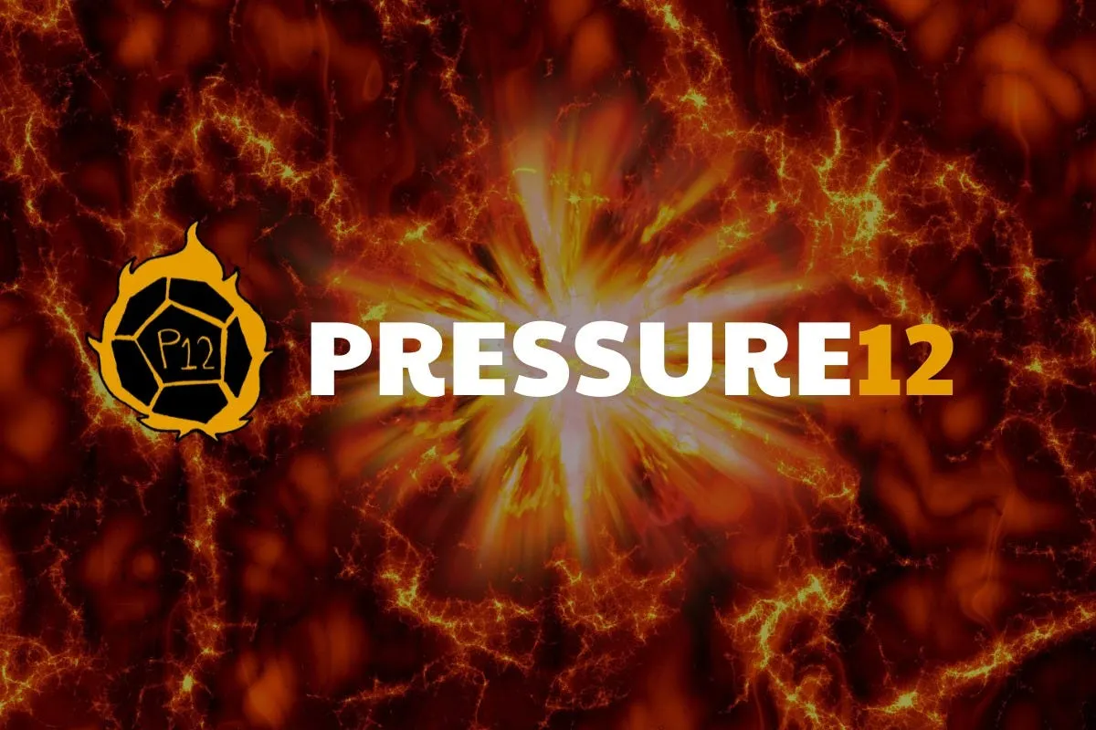 The cover for Pressure12, with the name of the game and a d12 die on flames next to it.