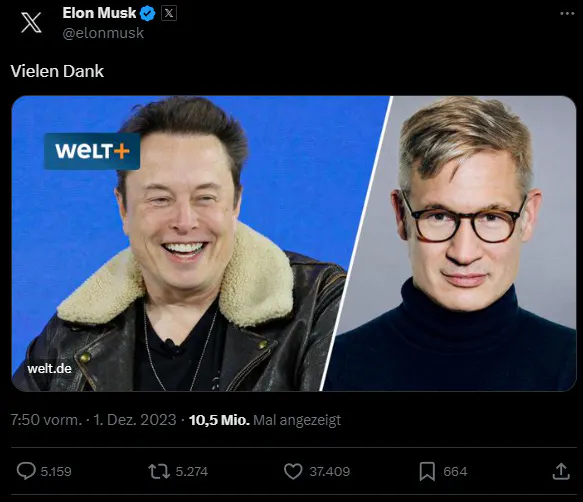 Elon Musk bedankt sich bei Ulf Poschardt für einen lobenden Beitraag für diesen in der WELT.