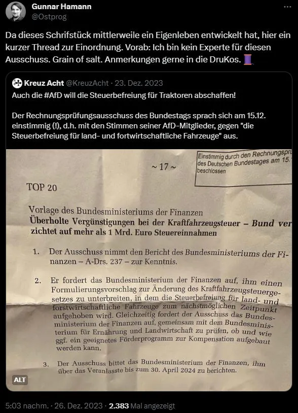 Beitrag von mir auf X. Ich schreibe: Da dieses Schriftstück mittlerweile ein Eigenleben entwickelt hat, hier ein kurzer Thread zur Einordnung. Vorab: Ich bin kein Experte für diesen Ausschauss. Grain of salt. Anmerkungen gerne in die DruKos.
Es handelt sich um einen längeren Thread, in dem ich das Schriftstück einordne, der hier aber nicht abgebildet ist.