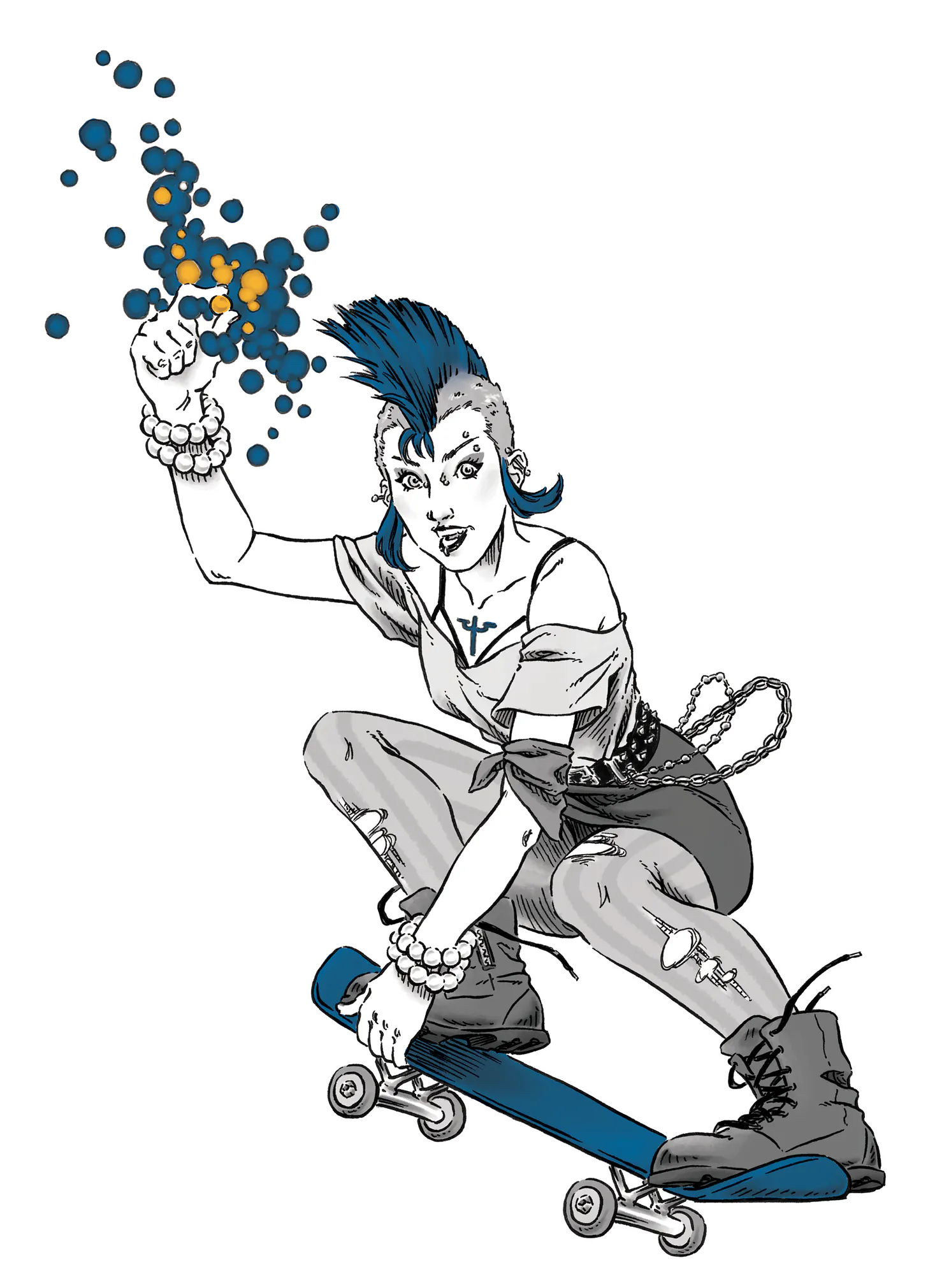 This image depicts a punk-inspired character with a blue mohawk hairstyle, crouched on a skateboard. They wear ripped clothing, boots, and accessories like bracelets and a chain belt. The character is depicted in a dynamic pose, with one hand raised, releasing or controlling blue and orange glowing orbs, suggesting some form of magical or energy-based power.