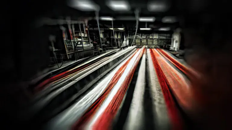A kind of factory hall, with red lines running across the floor, reminiscent of blood, but could also be threads. The image is surrounded by blackness, as if looking through a peephole.