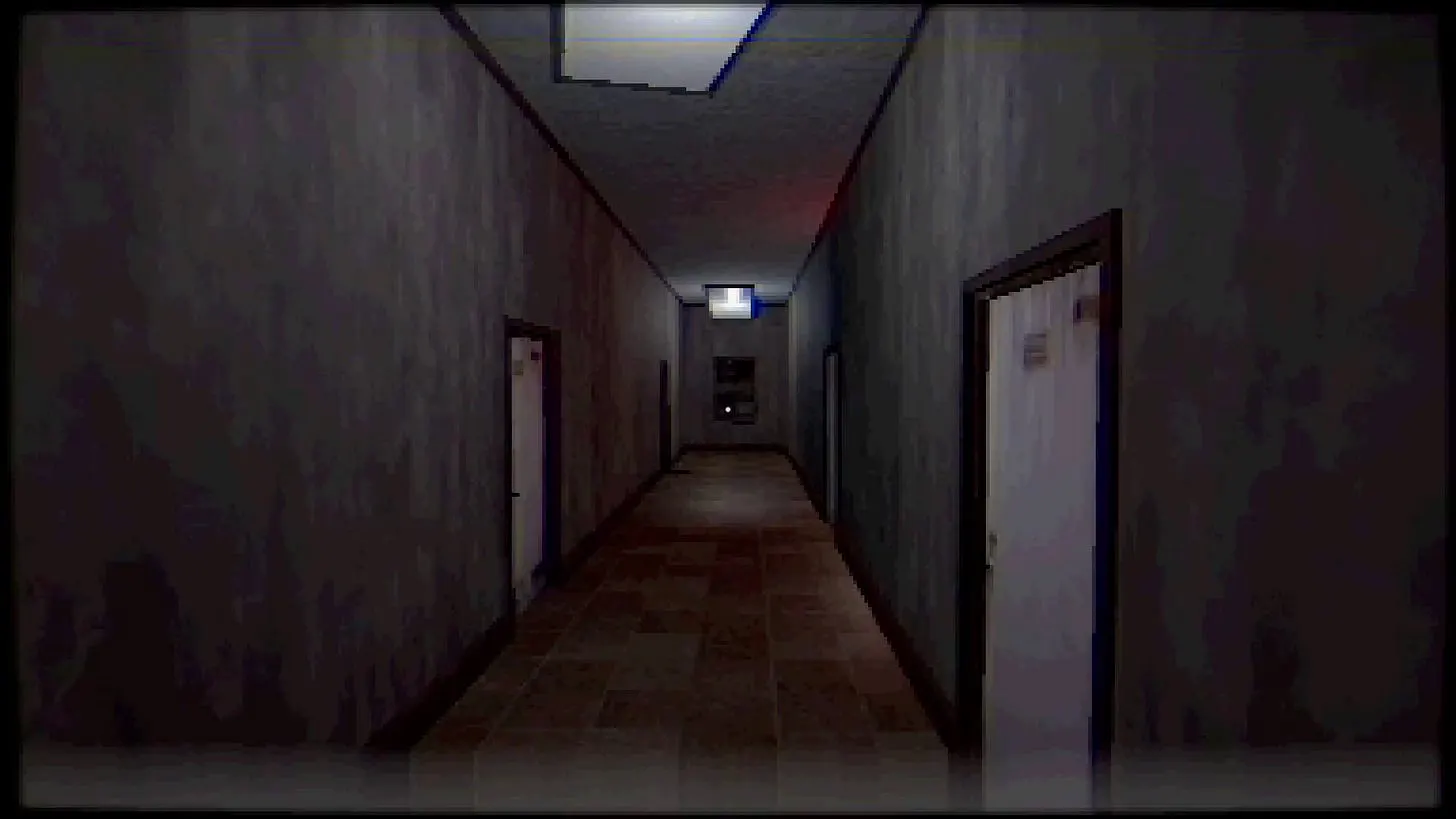 Screenshot aus dem Spiel Day 178. Ein Flur mit grauen unverputzten Wänden und Kachelboden. An der Decke hängen teils schräg Deckenlampen. Die Türen sind grau und verschmutzt. Am Ende des langen Flures ein Fenster. Der Flur ist ansonsten leer.