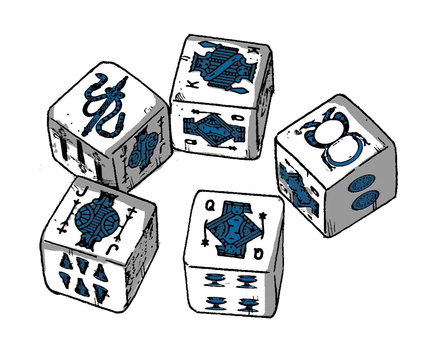 The illustration of five poker dice.