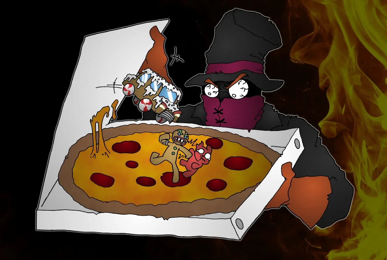 A dark, masked figure holds an open pizza box where a gingerbread man fights a red gummy bear on the pepperoni slices, while a gingerbread vehicle crashes through the box lid.
