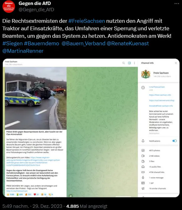 Der Account Gegen die AfD auf X am 29. Dezember 2023: Die Rechtsextremisten der #FreieSachsen nutzten den Angriff mit Traktor auf Einsatzkräfte, das Umfahren einer Sperrung und verletzte Beamten, um gegen das System zu hetzen. Antidemokraten am Werk! #Siegen #Bauerndemo
Getaggt werden Bauernverband, Renate Künast und Martina Renner.