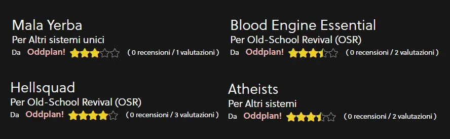 A screenshot displaying four games with their titles, descriptions, and ratings on a dark background. Mala Yerba:0 reviews/1 rating Blood Engine Essential: 0 reviews/2 ratings Hellsquad:0 reviews/3 ratings Atheists: 0 reviews/2 ratings