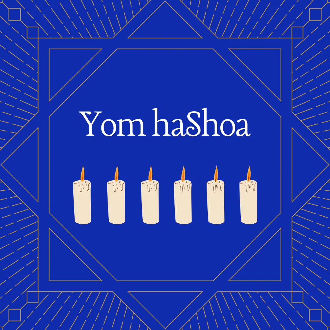 Auf blauem Hintergrund stehen die Worte "Yom haShoa", darunter die Grafik von sechs Kerzen
