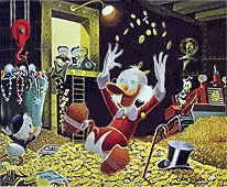 Dagobert Duck freudig im Geldhaufen