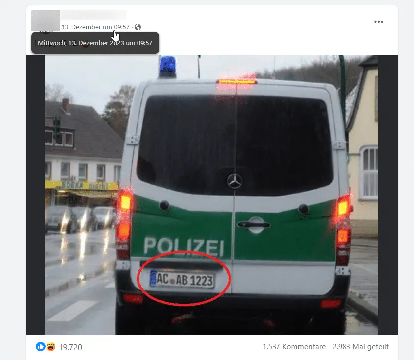 Facebook Screenshot: Polizei mit gefälschten Kennzeichen