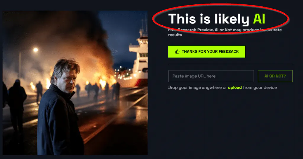 Das fragliche Foto wurde als KI generriert klassifiziert / Screenshot der Bewertung