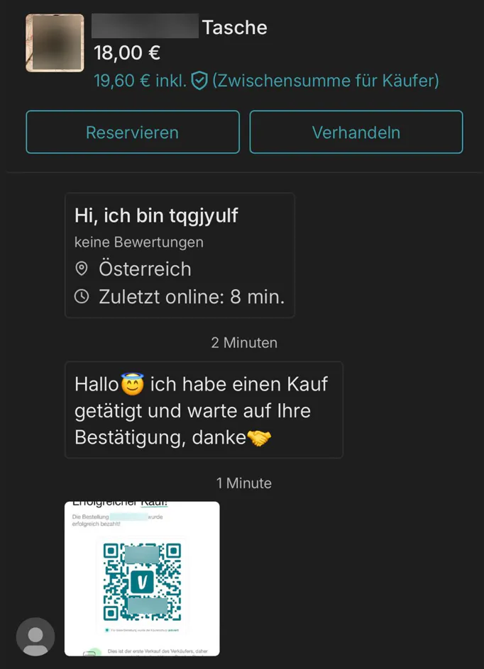 Screenshots eines echten Betrugsfalls auf Vinted. Der/die Betrüger täuschen Interesse an einer Tasche vor. Der/die Betrüger nennen sich "tqgiyulf".