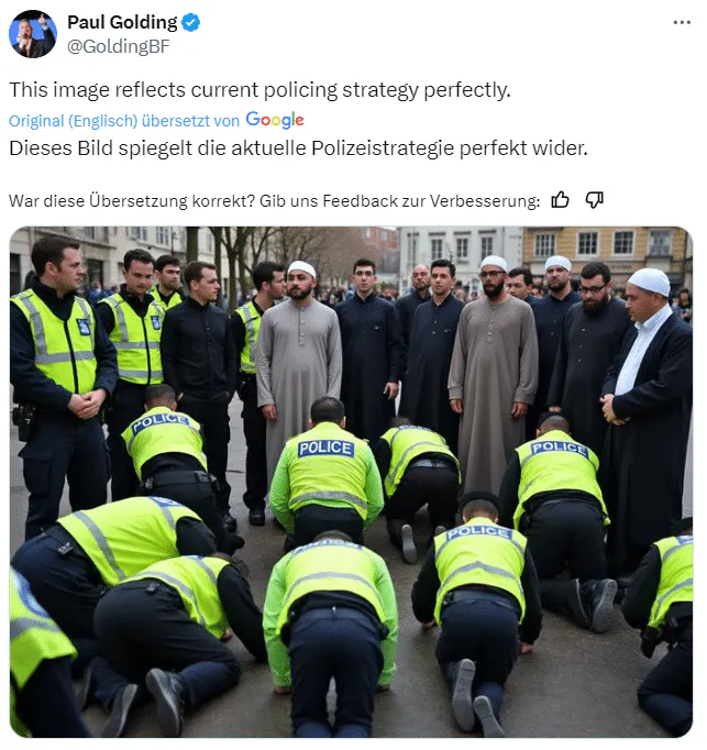 Britische Polizisten verbeugen sich nicht vor Muslimen – Bild wurde von KI generiert