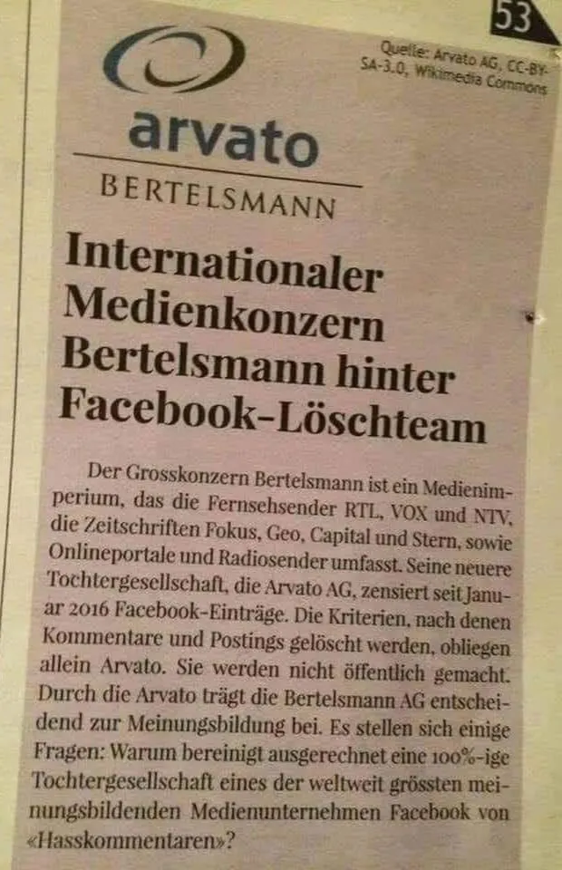 Screenshot mit "arvato-Bertelsmann" und "Internationaler Medienkonzern Bertelsmann hinter Facebook-Löschteam"