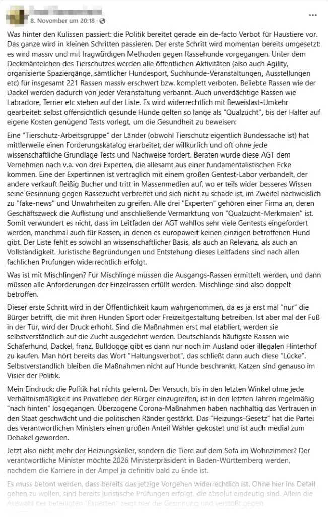 Screenshot (gekürzt) des Facebook-Beitrags