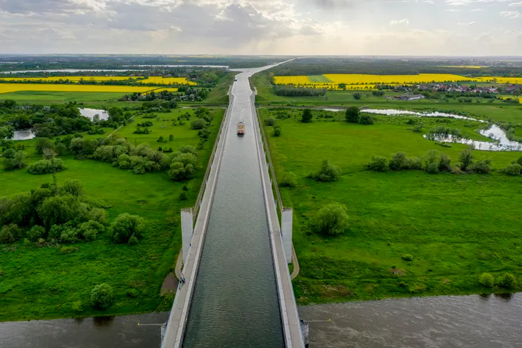 Eine schnurgerade Wasserstraße durch eine flache, grüne Landschaft.